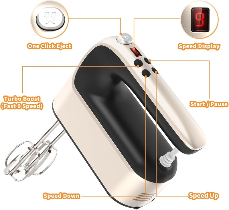 Yomelo 9-Speed Digital Hand Mixer Electric, 400W Powerful DC Motor, Hand Mixer Electric Handheld with Snap-On Storage Case, 5 Stainless Steel Accessories, Beaters, Dough Hooks, Whisk(Champagne Gold) - Image 2